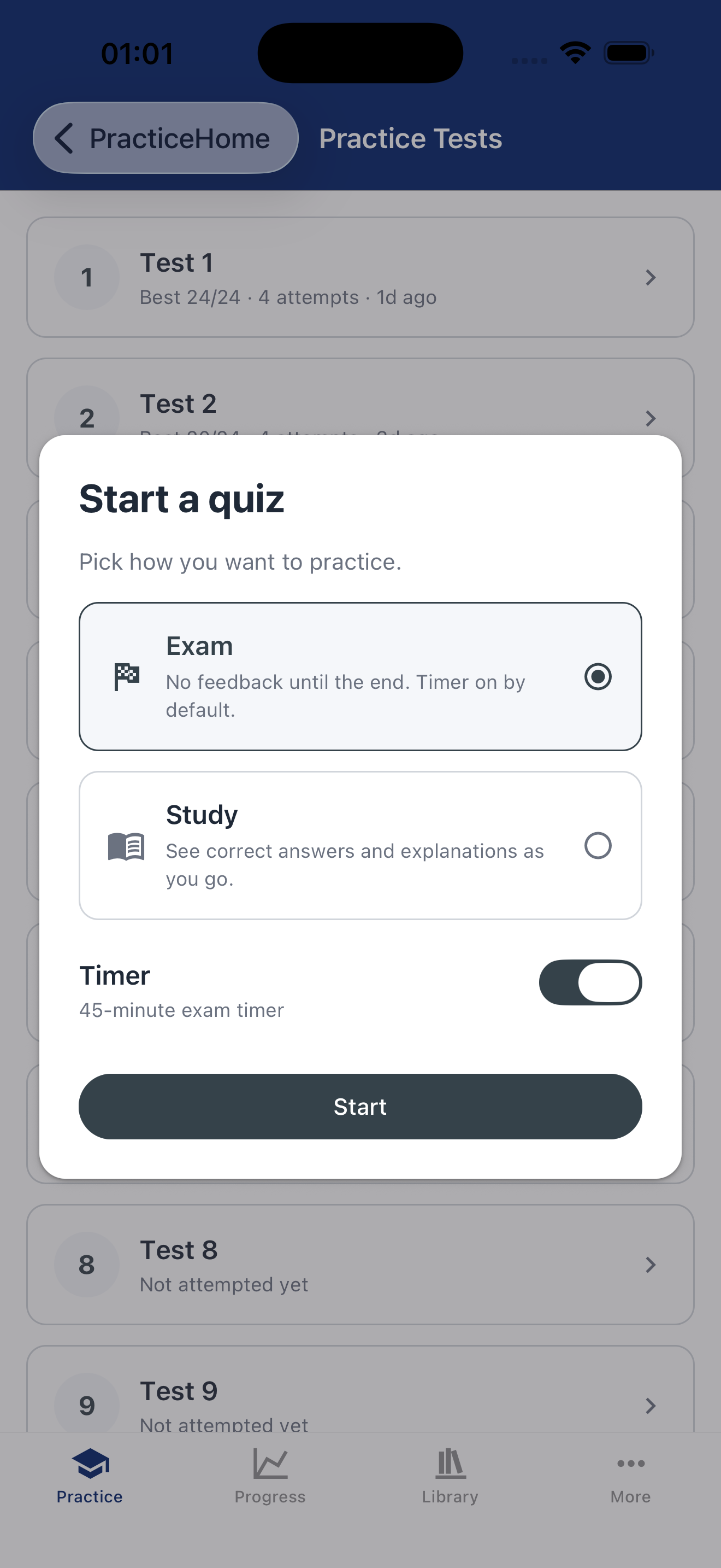 Start a quiz — pick exam or study mode