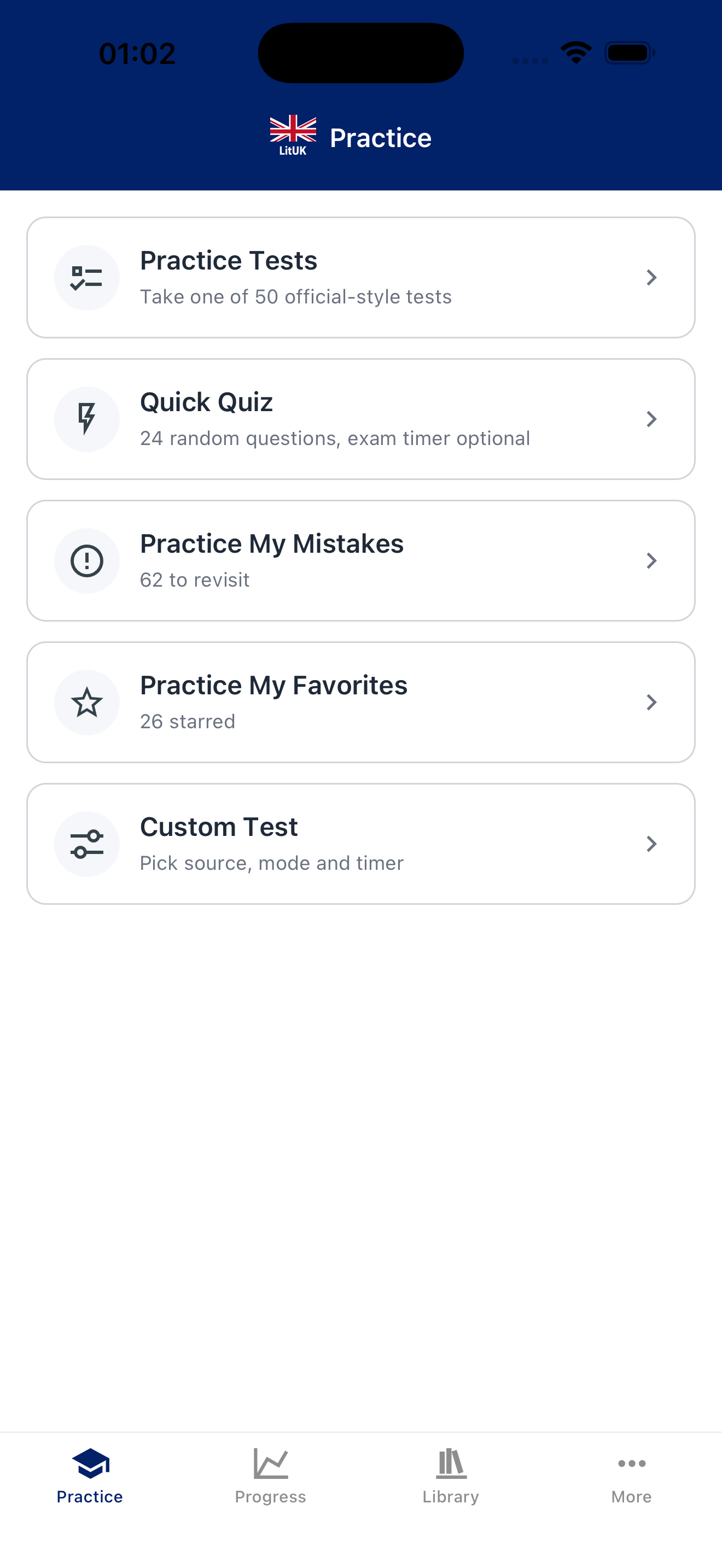 Practice tab — pick a quiz mode